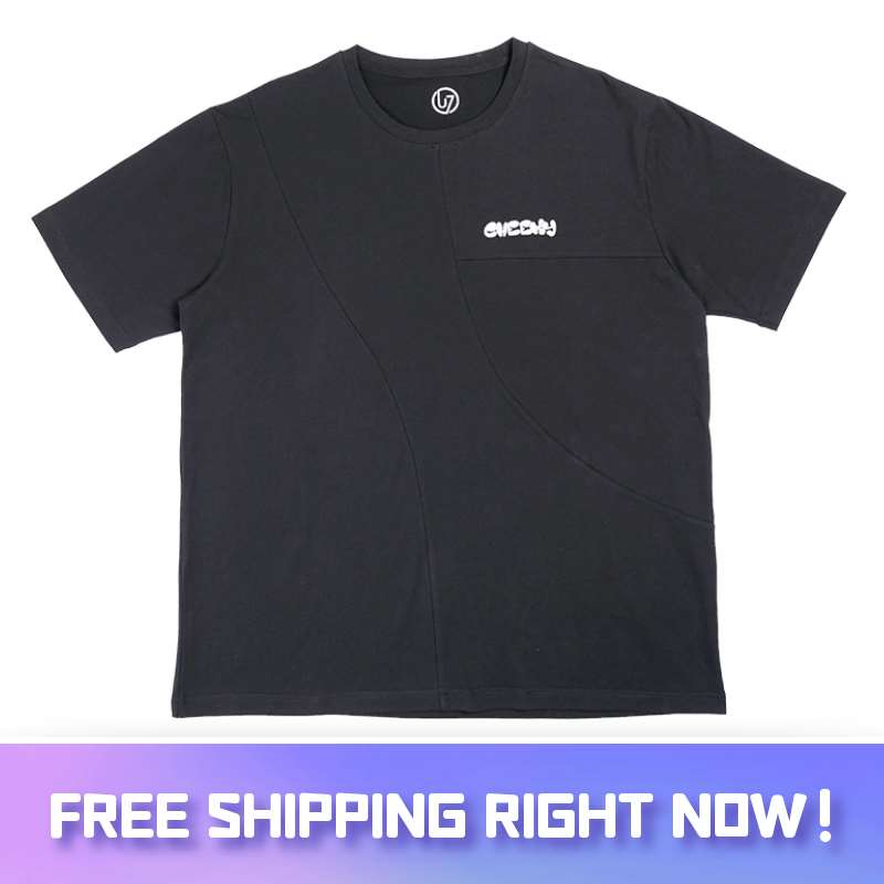 [U7BUY x Mcjell] Crew Neck Short Sleeved Cotton Patchwork T-Shirt - Black